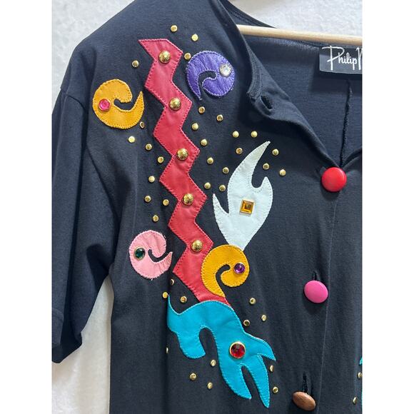 VTG Philip Noel 80's Blk Jumpsuit O/S Abstract Leather Applique Artsy Deadstock - Picture 5 of 10